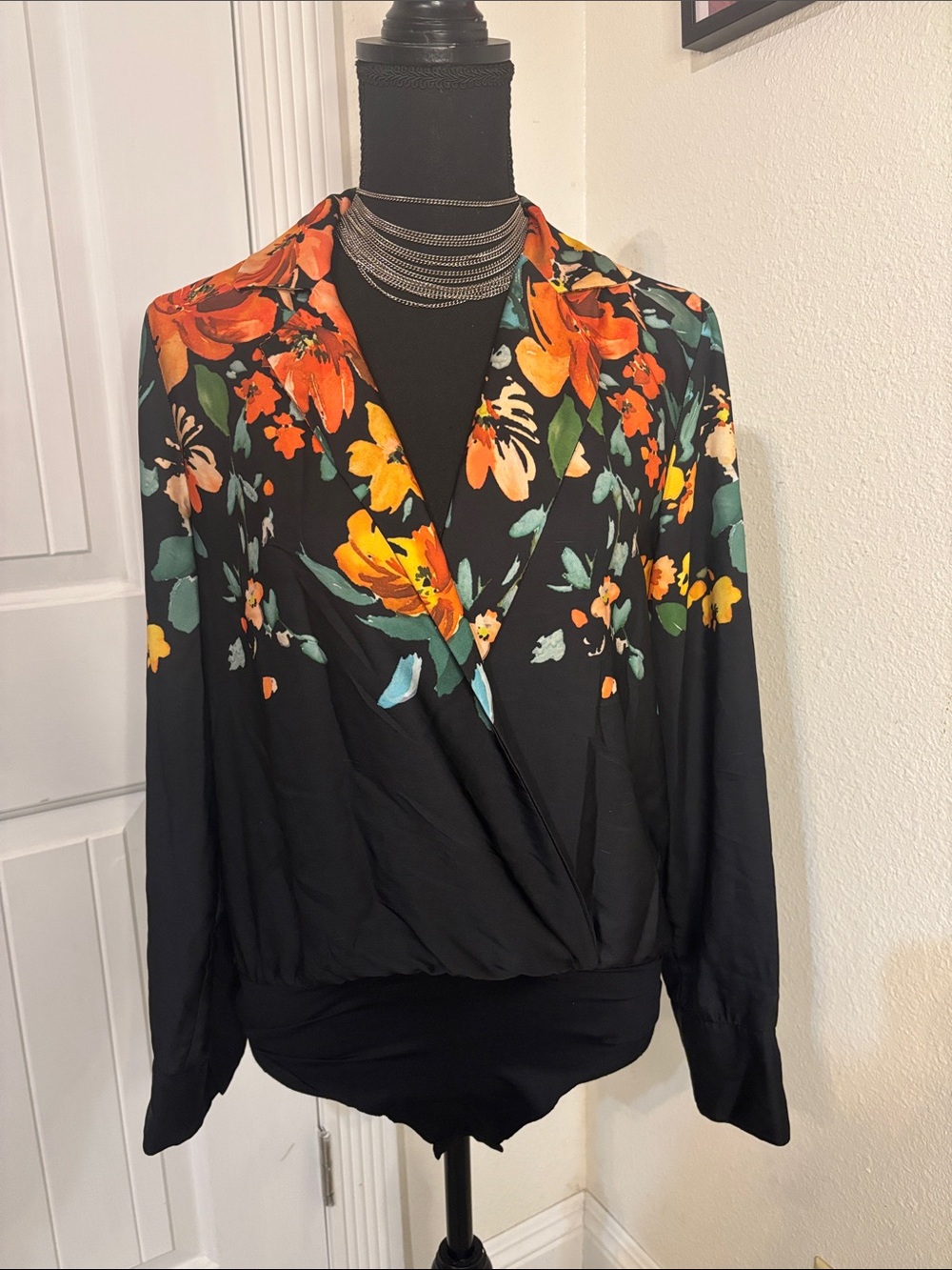 Zara Black Floral Long-Sleeve Bodysuit with Orange & Yellow Flowers